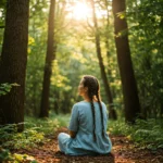 A girl sitting in a forest