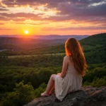 A girl sitting on a rock enjoing the sunset