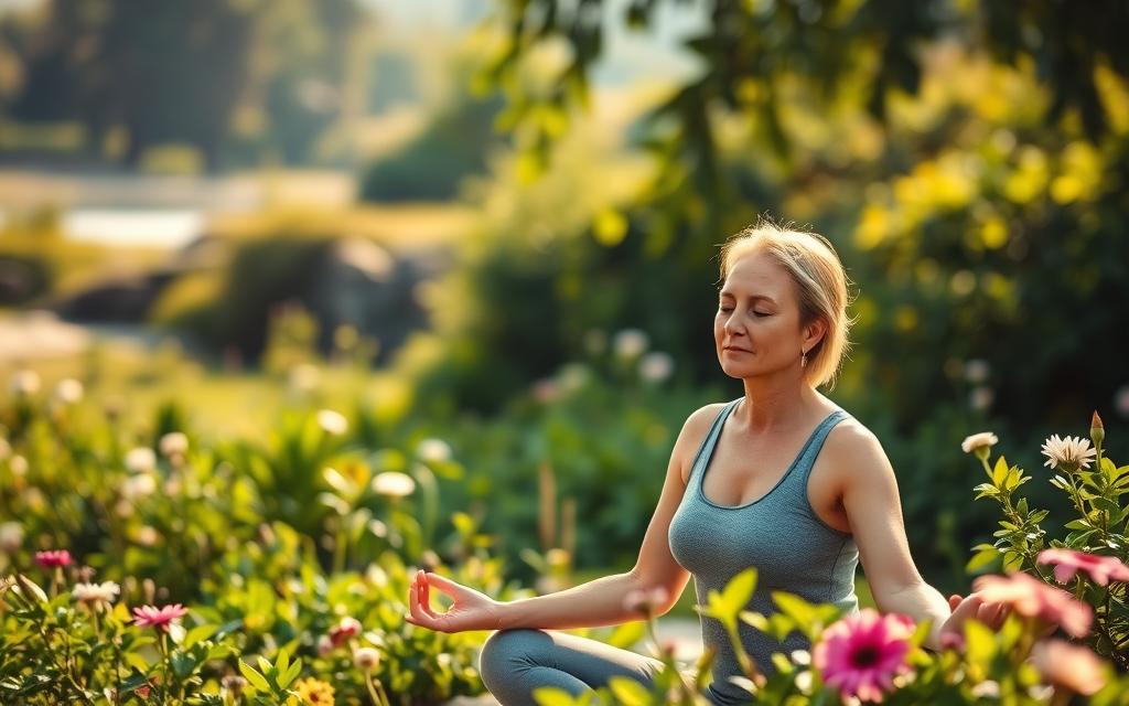 A serene, sun-dappled scene of a person performing gentle yoga poses in a lush, verdant garden. The foreground features the person in a comfortable, relaxed posture, their face expressing a sense of calm focus. The middle ground showcases an array of green plants and flowers, creating a soothing, natural atmosphere. The background is filled with a soft, blurred landscape, with hints of a peaceful river or pond. The lighting is warm and diffused, casting a gentle glow over the entire scene. The overall impression is one of tranquility and stress relief, conveying the idea of effective strategies for reducing inflammation through exercise and mindfulness.